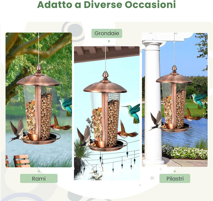 2 in 1 Mangiatoia per Uccelli con 2 Tubi, Mangiatoia per Uccelli da Appendere all'Aperto in Metallo Resistente alle Intemperie, Decorazione per Giardino e Portico