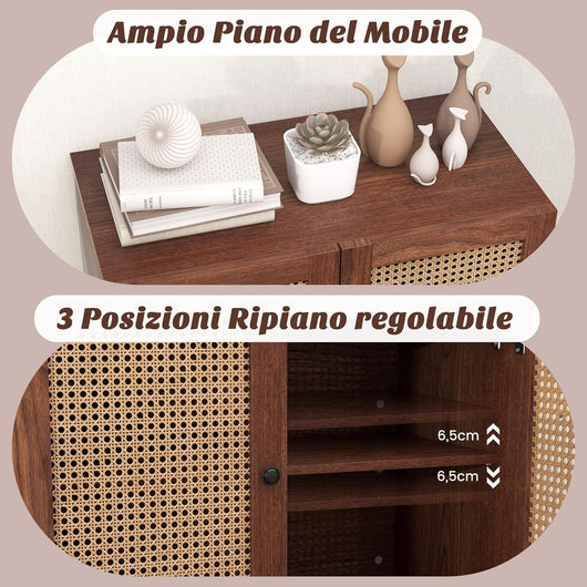 Credenza con 2 Ante in Rattan, Mobile Buffet da Cucina con Ripiano Regolabile in 3 Posizioni, Mobile per Cucina, Sala da Pranzo e Soggiorno, 80 x 40 x 80 cm (Noce)