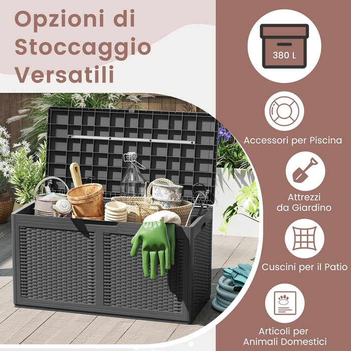 Baule da Esterno 380 L Impermeabile, Cassapanca Contenitore in Rattan con Coperchio Bloccabile e Ruote, Baule Salvaspazio per Mantenere Cuscini e Attrezzi da Interno e Esterno (Grigio)