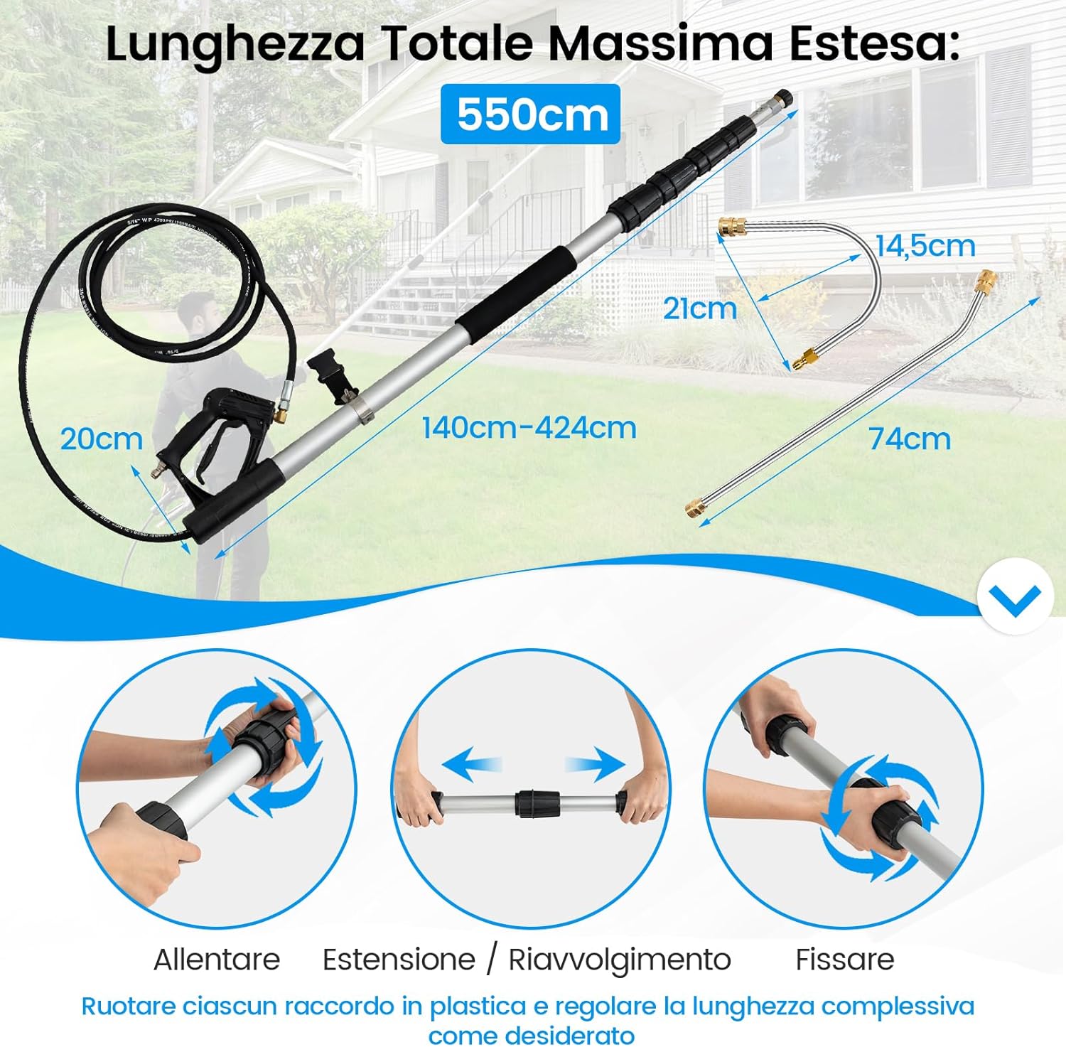 550 cm Kit di Prolunga per Idropulitrici, Lancia Telescopica per Idropulitrice con 5 Ugelli 2 Adattatori Accoppiatore Girevole e Imbracatura di Supporto, 4000PSI