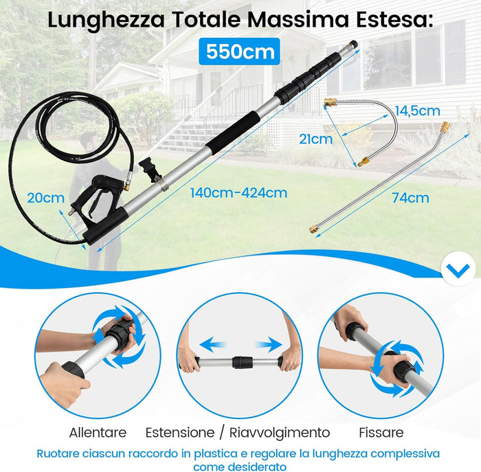 550 cm Kit di Prolunga per Idropulitrici, Lancia Telescopica per Idropulitrice con 5 Ugelli 2 Adattatori Accoppiatore Girevole e Imbracatura di Supporto, 4000PSI