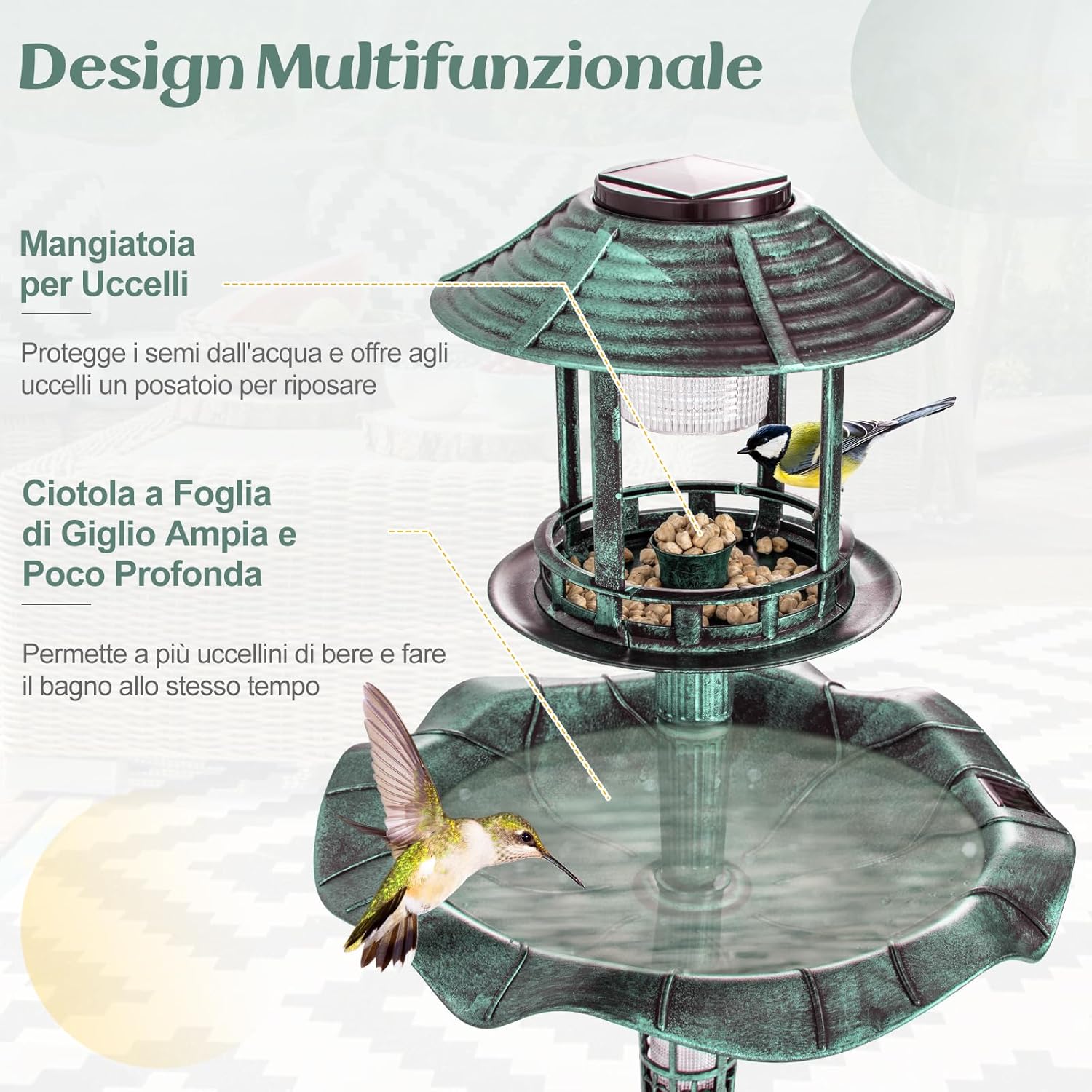 Vasca per Uccelli da Giardino a Energia Solare, Abbeveratoio e Mangiatoia per Uccelli da Esterno con 2 Lampade a Energia Solare, Fioriera e Supporto Riempibile (Bronzo, 43 x 43 x 110 cm)