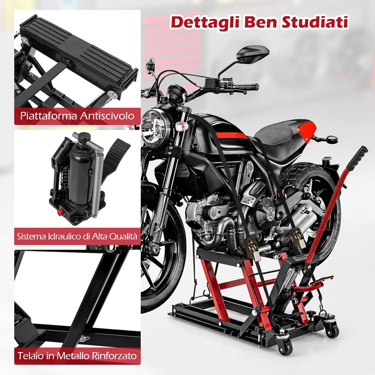 Ponte Sollevatore Idraulico per Moto, Sollevatore Motociclette Fino a 680 kg, Cric Alzamoto con Ruote e Piattaforma Regolabile in Altezza a Pedale Resistente per ATV, UTV per Officina (Rosso)