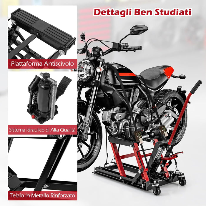 Ponte Sollevatore Idraulico per Moto, Sollevatore Motociclette Fino a 680 kg, Cric Alzamoto con Ruote e Piattaforma Regolabile in Altezza a Pedale Resistente per ATV, UTV per Officina (Rosso)