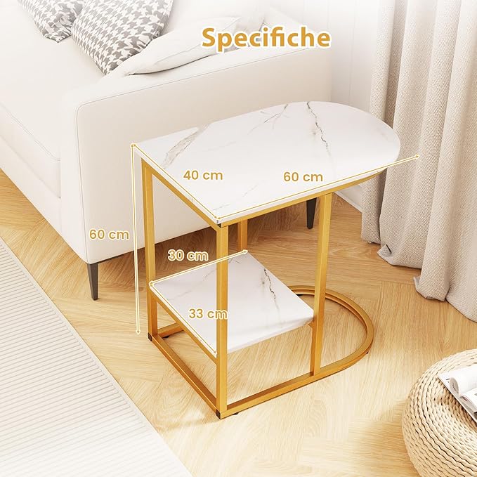 Tavolino a Forma di C, Tavolino Moderno da Divano con Piano in Marmo Finto e Mensola, Tavolo a 2 Livelli con Struttura in Metallo per Soggiorno, Camera da Letto