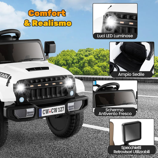 12V Auto Elettrica per Bambini, Macchina Eletrrica con Doppio Motore Musica Clacson Luci LED USB, 3 Velocità 2-5 km/h, 2 Motori, Regalo per Bambini 3-8 Anni (Bianco)