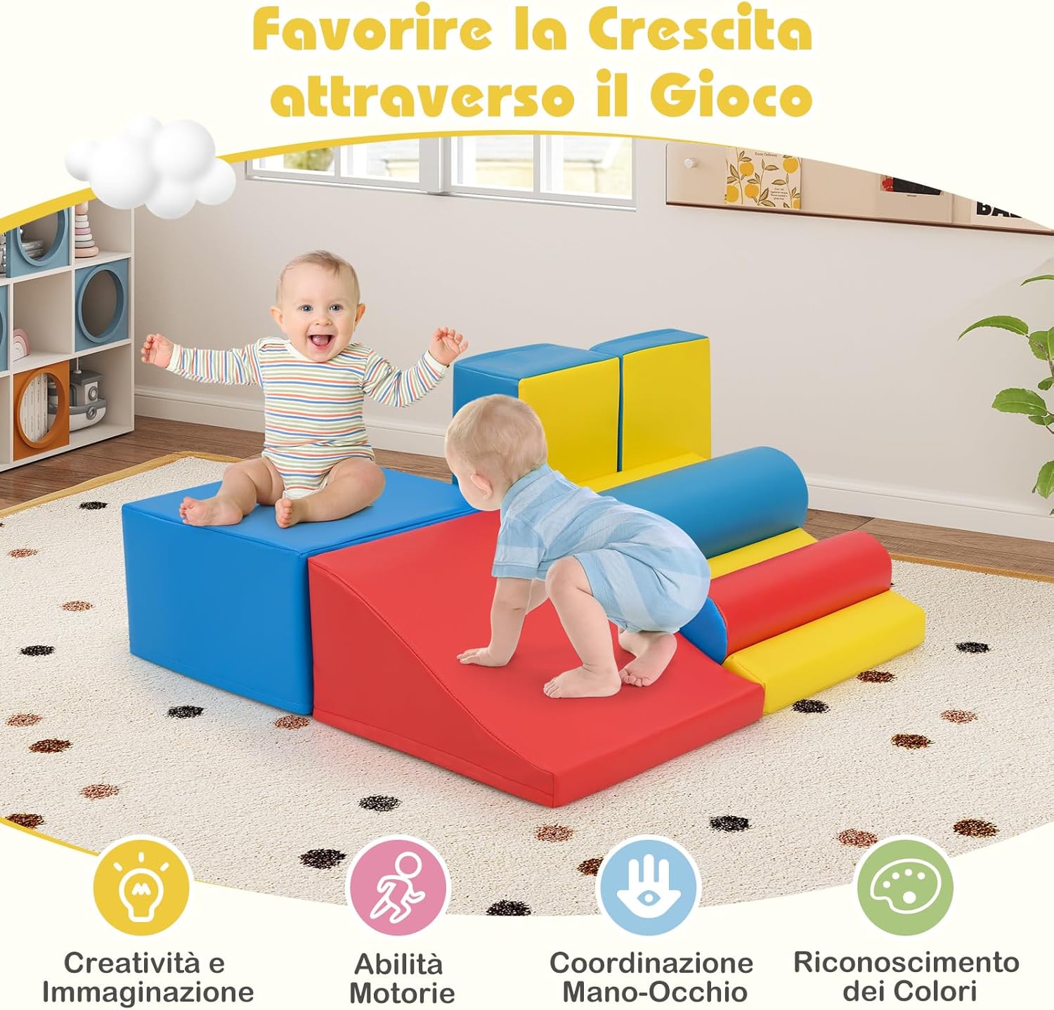 Set di Blocchi da Arrampicata in Schiuma per Bambini, Set di 7 Pezzi per Gioco Morbido con Chiusure a Strappo per Gattonare, Gioco Attivo, Sviluppo Motorio e Sensorialei