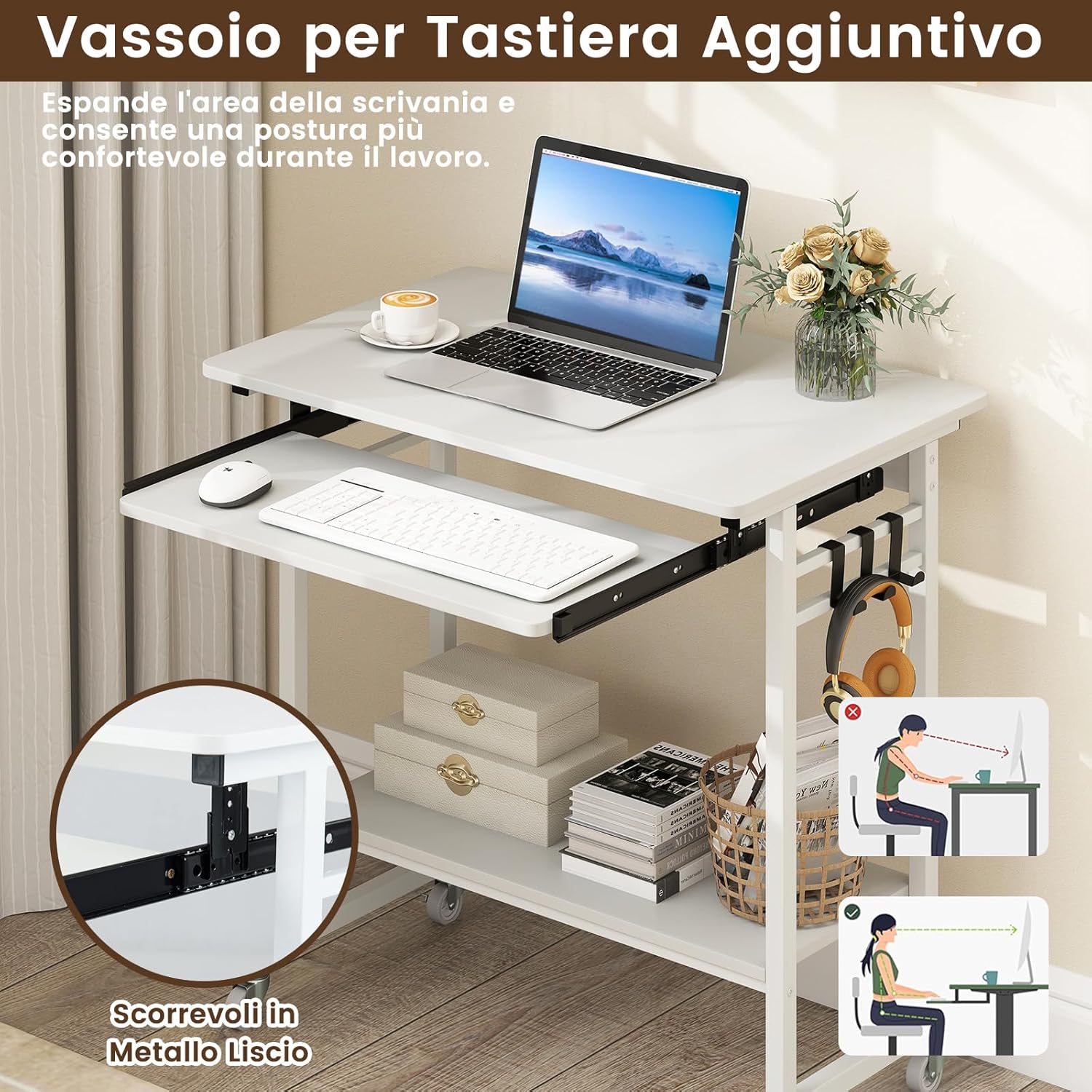 Scrivania con Ruote, Vassoio per Tastiera, Supporto per CPU e Ganci, Scrivania Moderna in Legno e Metallo per Salotto e Camera da Letto, 80 x 50 x 78 cm (Bianco)