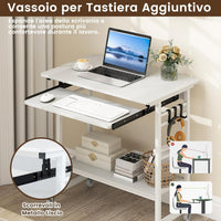 Scrivania con Ruote, Vassoio per Tastiera, Supporto per CPU e Ganci, Scrivania Moderna in Legno e Metallo per Salotto e Camera da Letto, 80 x 50 x 78 cm (Bianco)