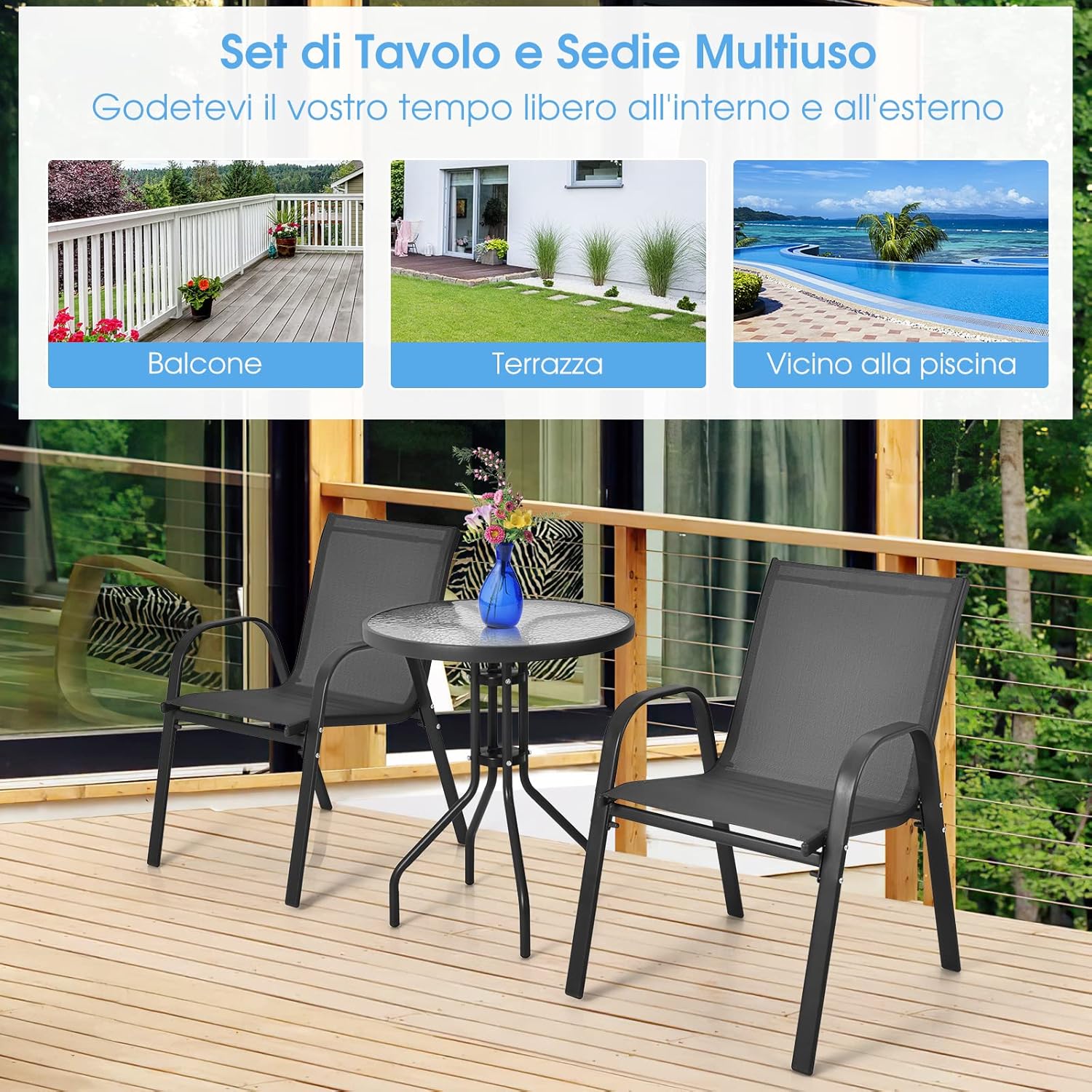 Tavoli con 2 Sedie da Giardino in Acciaio Antiruggine e Tessutto Traspirante, Set di Mobili da Esterno con Tavolino Rotondo in Vetro e Sedie Ergonomiche, Ideale per Balcone e Cortile