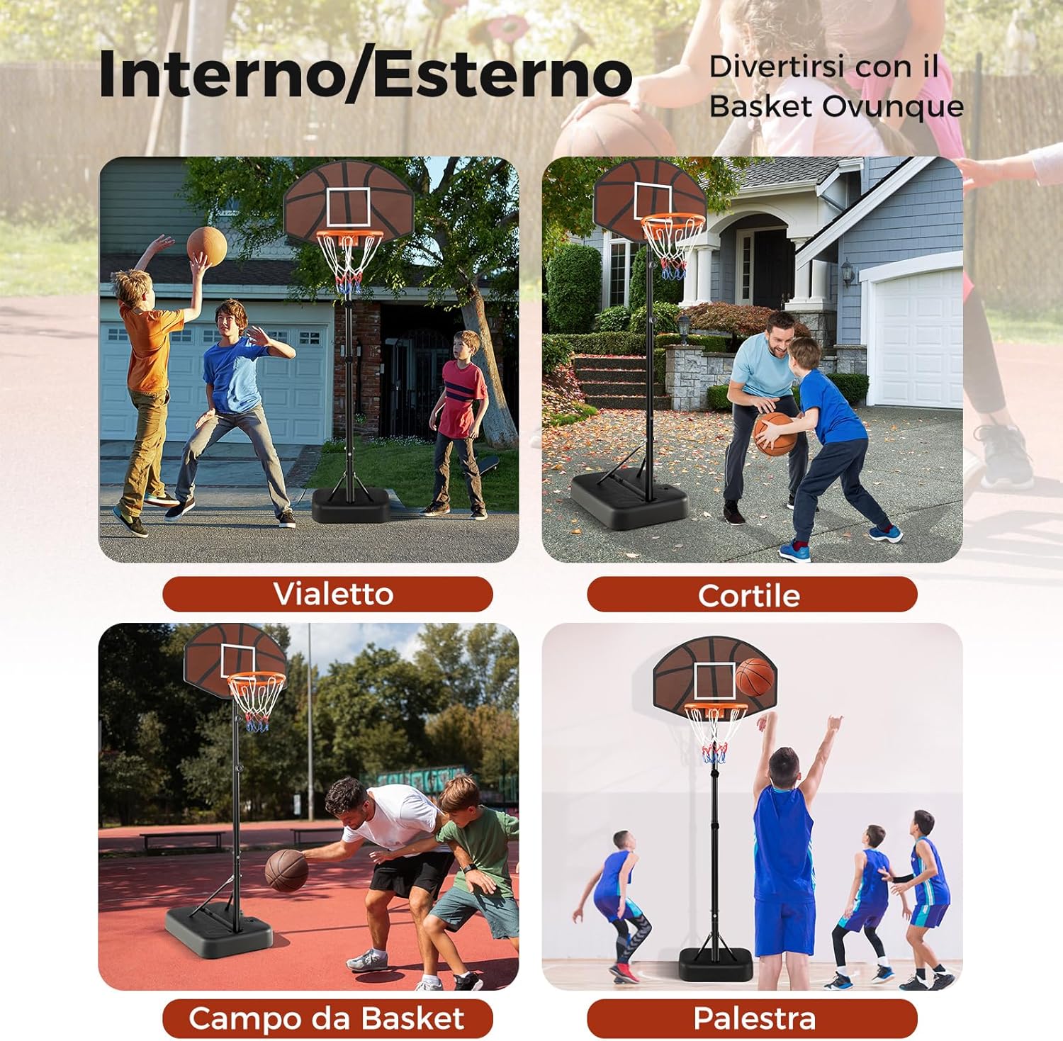 Canestro da Basket Portatile e Regolabile in Altezza da 172 a 200 CM, Canestro da Basket per Bambini da Esterno ed Interno con Tabellone Antiproiettile e Base Stabile Riempibile