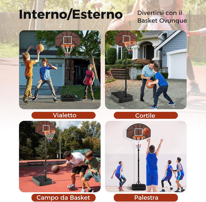 Canestro da Basket Portatile e Regolabile in Altezza da 172 a 200 CM, Canestro da Basket per Bambini da Esterno ed Interno con Tabellone Antiproiettile e Base Stabile Riempibile