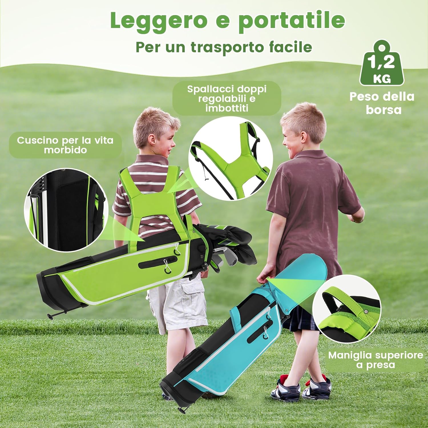 Set di Mazze da Golf per Bambini con Sacca, Fodera Impermeabile, Driver 1, Ibrido 5, Ferro 7, Ferro 9, Ferro S e Putter, Set Allenamento Golf per 11-13 Anni, Destrorso