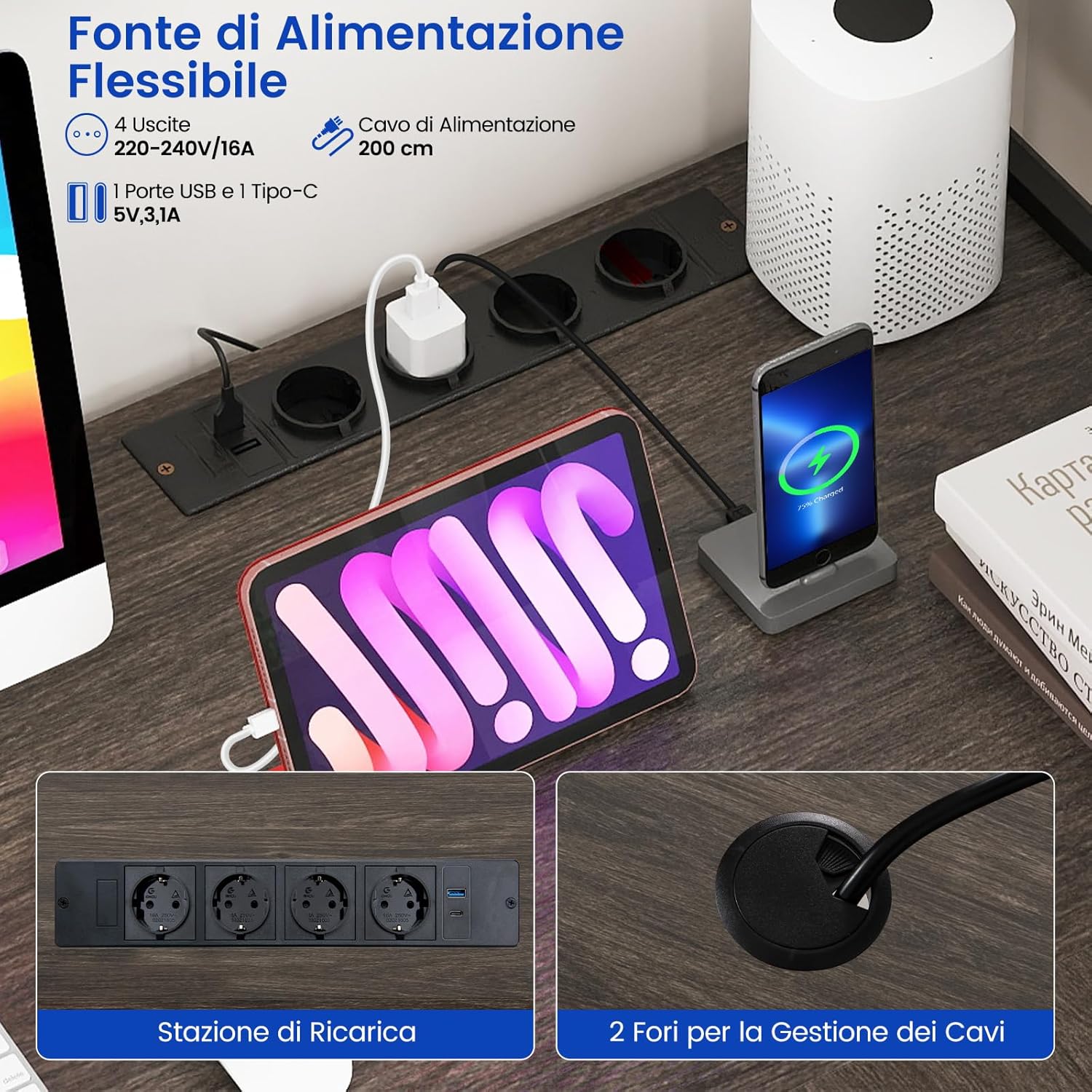 Scrivania per Computer a Forma di L, Tavolo da Gioco con Scaffale Regolabile, Gancio, Supporto per CPU, Striscia LED, Telecomando e Prese di Corrente, Desk per Studiare e Lavorare (Grigio)