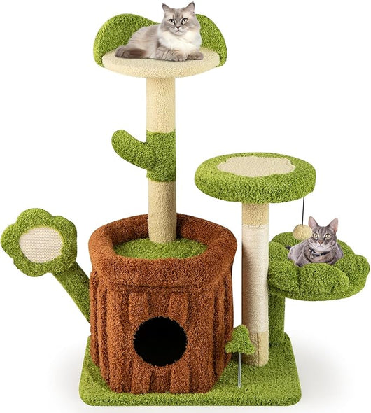 Albero per Gatti, Albero Tiragraffi per Gatto con Condominio Tronco, Trespolo a Fiore, Letto Imbottito, Pompom, Giocattolo a Molla e Piattaforme, Tiragraffi per Gatti da Interno