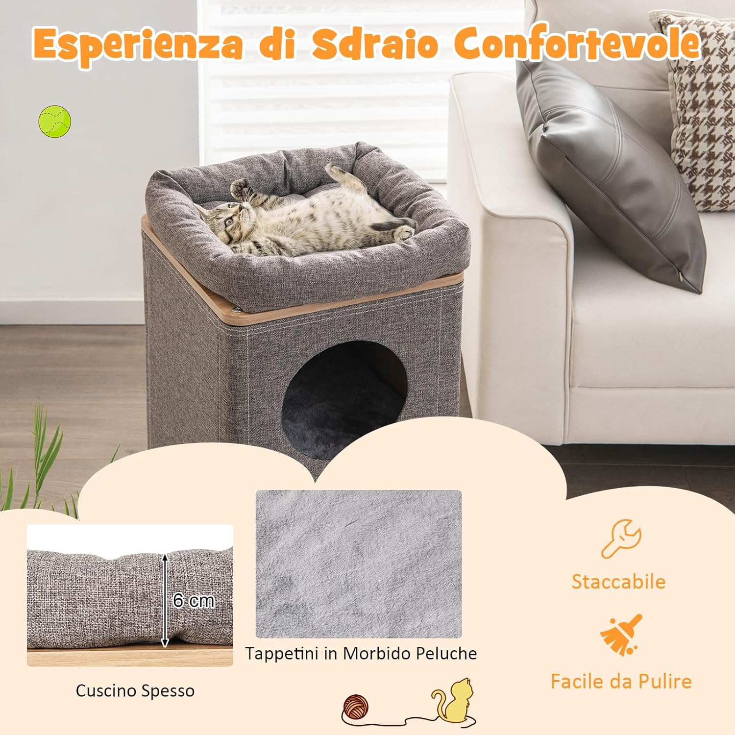 Casetta per Gatti a 3 Piani, Cuccia per Gatti con Tiragraffi, 2 Scomparti Coperti e 3 Materassini, Casa per Gatti Moderna con Graffiatoio da Interno