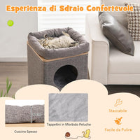 Casetta per Gatti a 3 Piani, Cuccia per Gatti con Tiragraffi, 2 Scomparti Coperti e 3 Materassini, Casa per Gatti Moderna con Graffiatoio da Interno