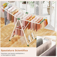 Stendibiancheria con 18 Barra, Stendino Pieghevole in Metallo con Ali Regolabili in Altezza, Clips per Calzini, Supporto per Abbigliamento Autoposante a Ali per Interno Esterno (Beige)