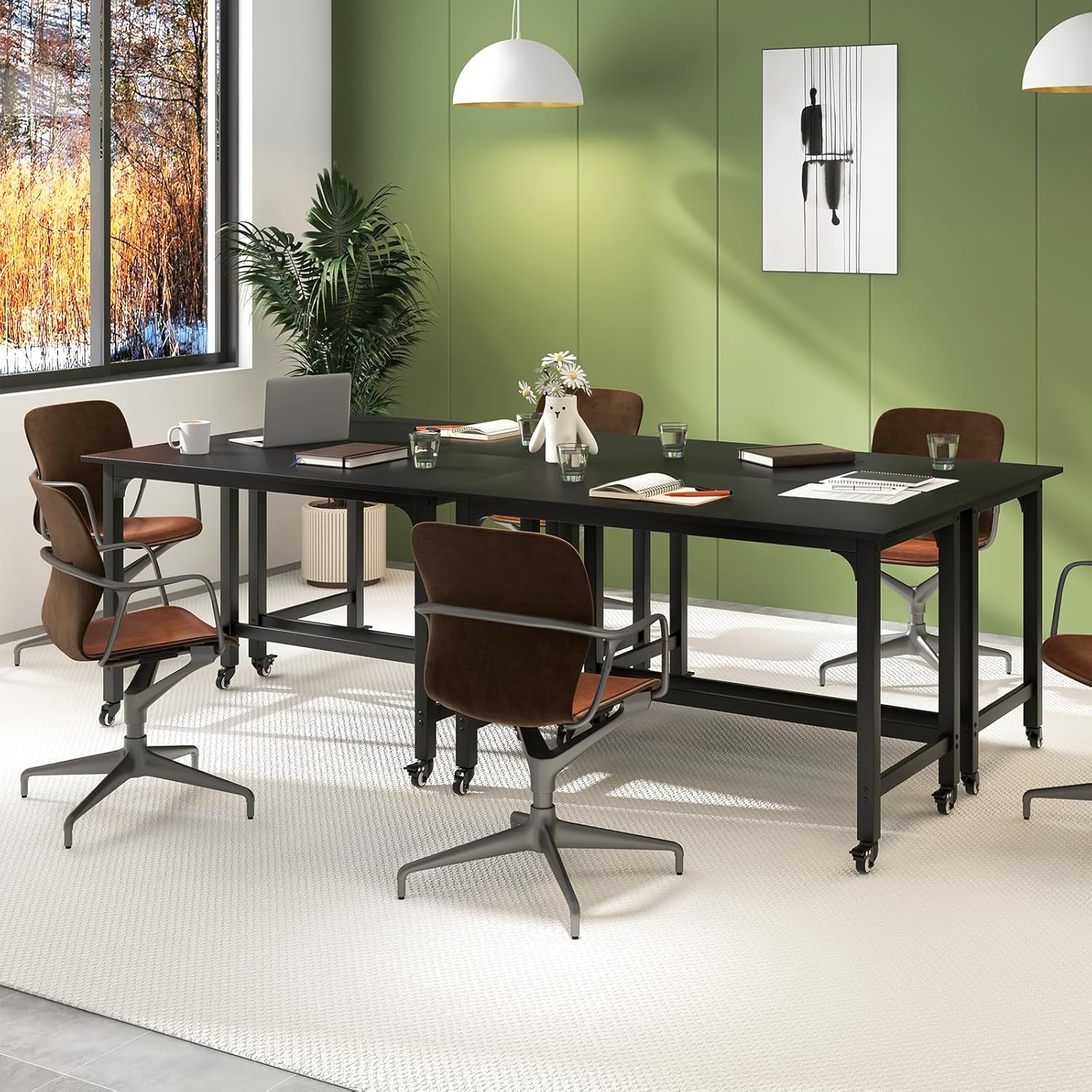 Scrivania per Ufficio e Casa, Scriviania con Ampio Piano, 4 Ruote Bloccabili, Borsa Rimovibile e Ganci per Cuffie, Scriviania per Computer di Metallo e Legno (Nero)