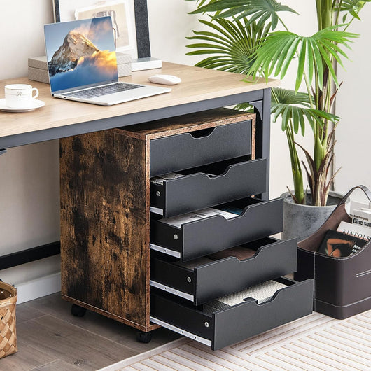 Cassettiera da Ufficio con 5 Cassetti e Ruote, Mobiletto Multiuso per Documenti e Cosmetici, Comodino con Ruote per Camera da letto Studio Ufficio e Soggiorno (Marrone)