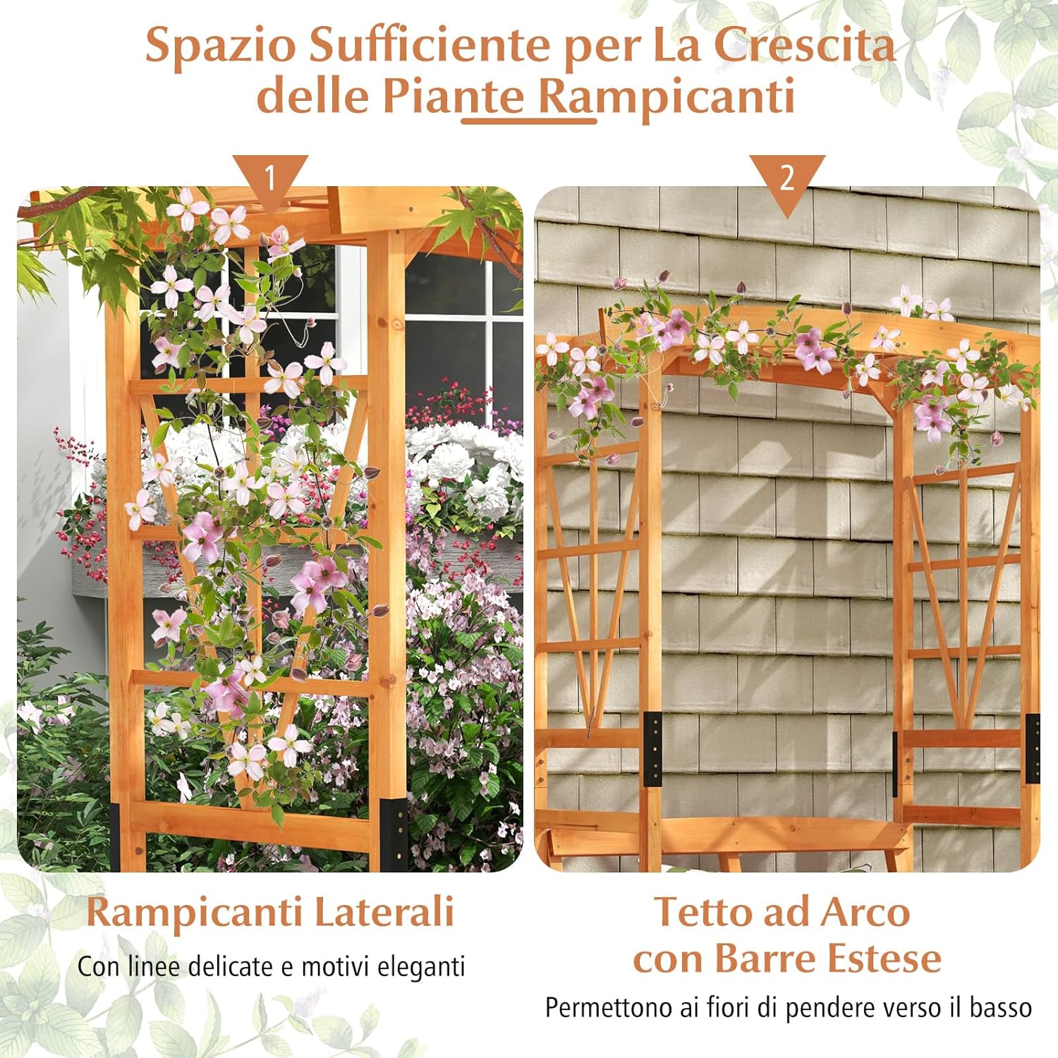 Panchina 2 Posti con Arco da Giardino per Rose e Rampicanti, Pengolato con Panchina in Legno di Abete, Graticcio per Piante da Esterno per Balcone, Cortile e Terrazzo (120 x 58 x 189 cm)