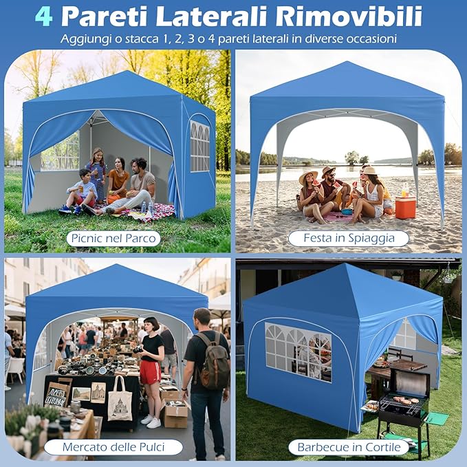 Gazebo Piehevole da Esterno 3 x 3 m, Gazebo Regolabile in Altezza con Pareti Rimovibili, Borsa con Ruote, Picchetti, Ancoraggi, Corde Vento e Sacchi di Sabbia, Tendone per Giardino (Blu)