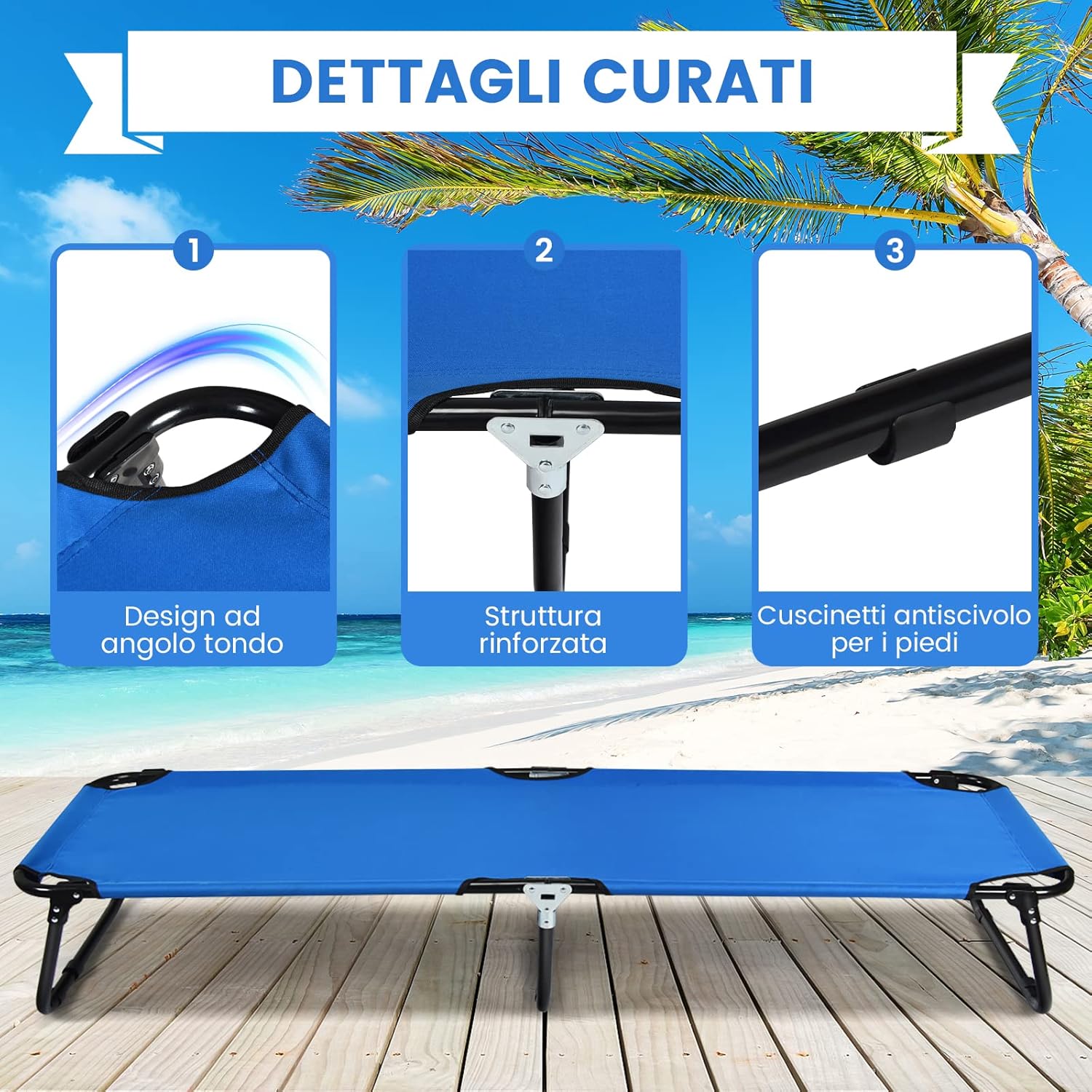 Brandina Campeggio, Letto da Campeggio Pieghevole Portatile con Telaio in Metallo e Piedini Antiscivolo, per Campeggio, Spiaggia, Prato, Ufficio, Blu