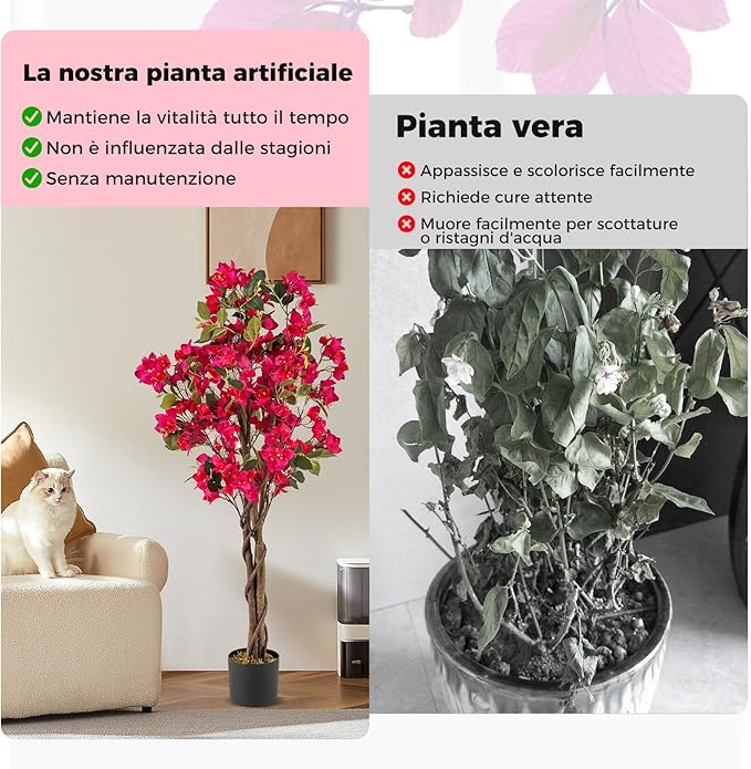 Albero Artificiale di Bougainvillea 120 cm, Pianta Finta in Vaso con 360 Fiori e 40 Foglie, Pianta Decorativa per Casa, Ufficio e Negozio (Rosa,2)
