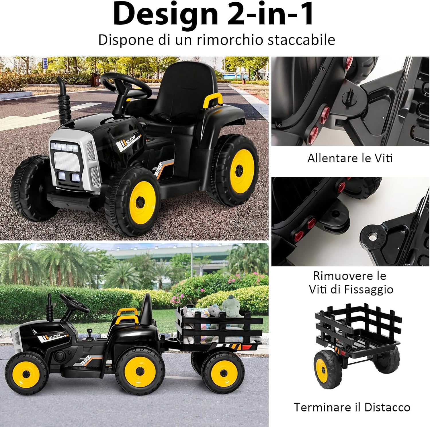 Trattore con Rimorchio Cavalcabile per Bambini 12V, Trattore Elettrico Telecomandato, con Luci e Suoni, 30kg, 3+ Anni (Nero)