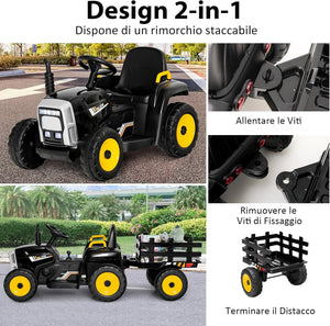 Trattore con Rimorchio Cavalcabile per Bambini 12V, Trattore Elettrico Telecomandato, con Luci e Suoni, 30kg, 3+ Anni (Nero)