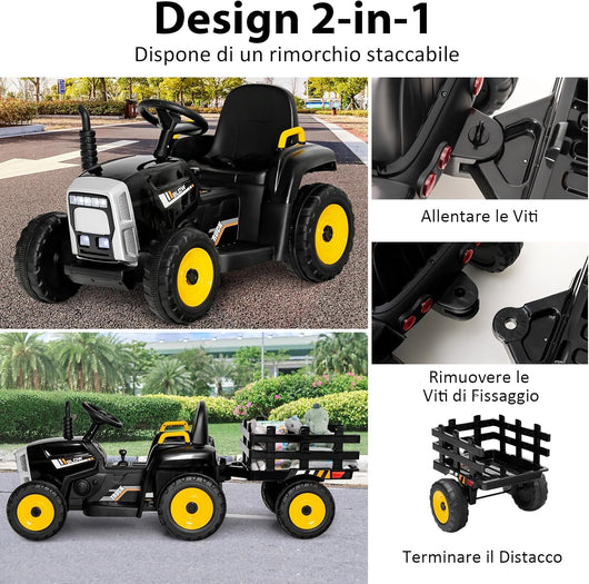 Trattore con Rimorchio Cavalcabile per Bambini 12V, Trattore Elettrico Telecomandato, con Luci e Suoni, 30kg, 3+ Anni (Nero)