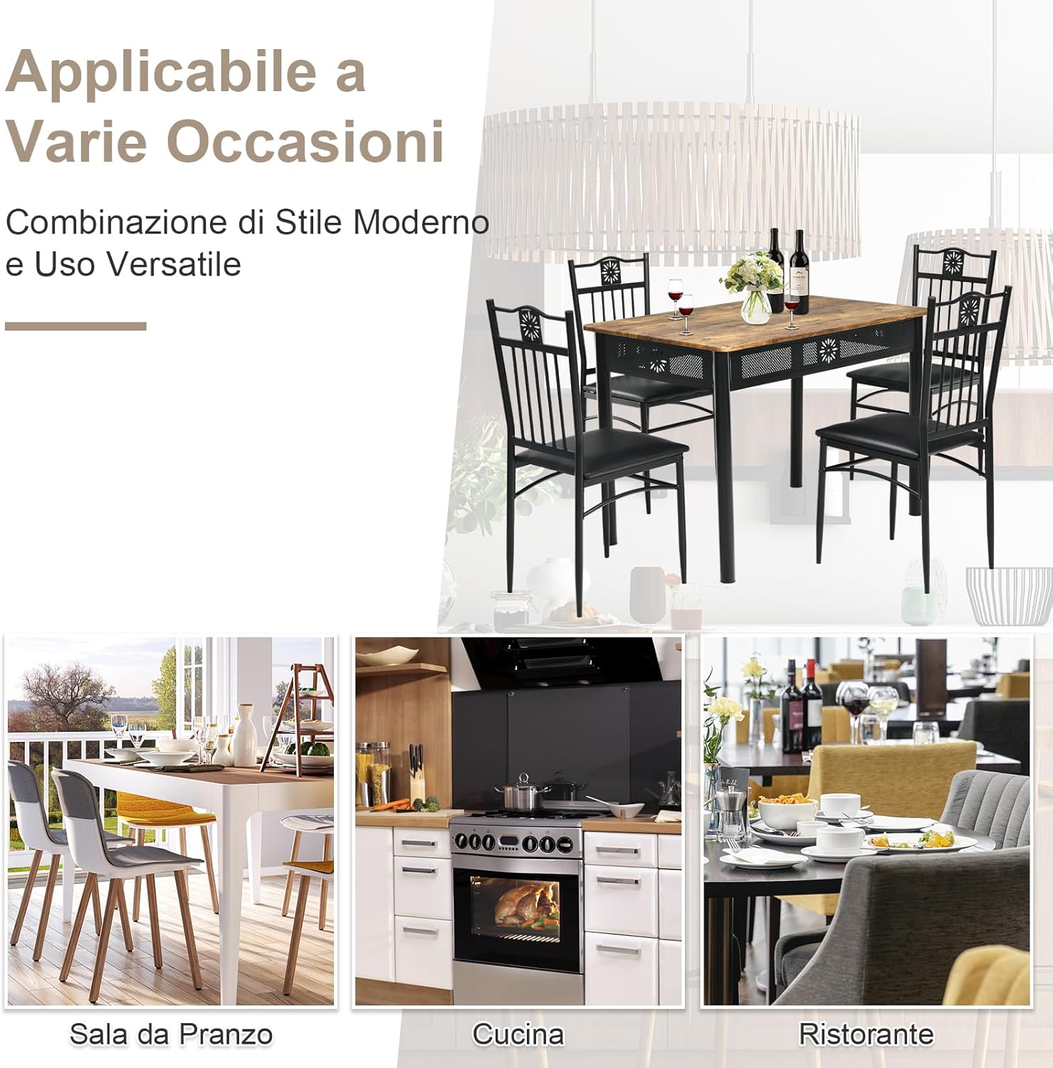 Set Tavolo e Sedie da Pranzo 5 Pezzi, Tavolo Cucina Rettangolare 110 cm con Sedie Imbottite per 4 Persone, Set Mobili Salvaspazio per Soggiorno Cucina Bar Ristorante (nero)