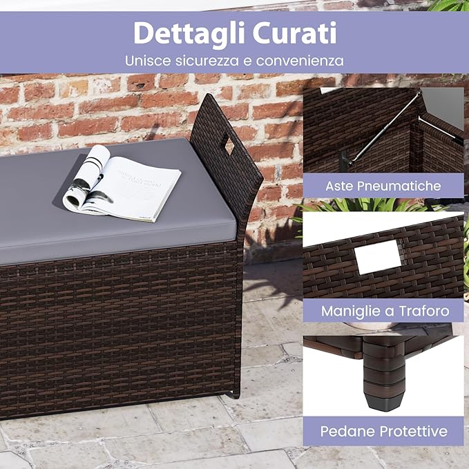 Baule da Giardino 260 L in Rattan PE, Cassapanca Contenitore da Esterno con Cuscino e Maniglie Laterali, per Interni e Esterni, 125 x 56 x 71 cm (Modello 10)
