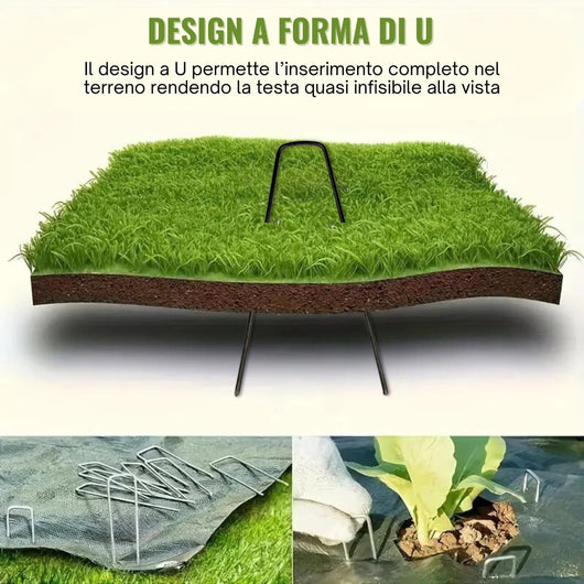 Picchetti telo Pacciamatura in Acciaio Zincato, 300 pz Picchetti a U ø3 mm 17x3x17 cm, Picchetti Giardino, Chiodi per Telo, Prato Sintetico