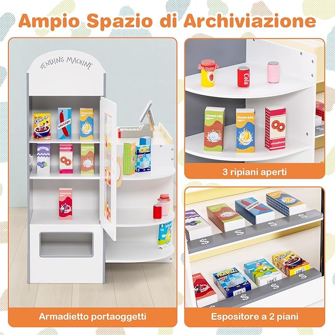 Negozio Alimentare per Bambini, Set di Giocattoli Supermercato in Legno con Cassa, Macchina POS, Distributore Automatico, Lavagna Scrivibile, per Bambini 3 - 8 Anni (Bianco)