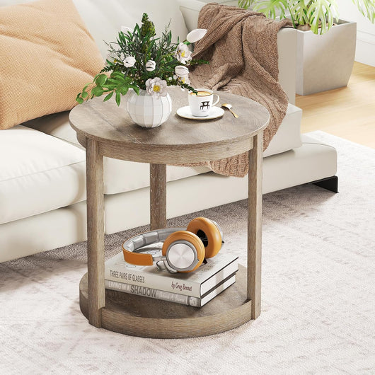 Tavolino Rotondo da Salotto, Tavolo da Caffè a 2 Livelli con Ripiano e Gambe in Legno di Gomma, Portata 160 kg, Tavolino in Legno per Soggiorno, Studio e Ufficio, 60,5 x 60,5 x 61 cm (Grigio)