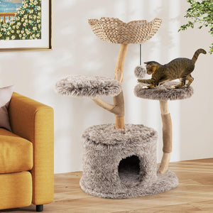 Albero per Gatti in Legno di Pero 105cm, Torre per Gatti con Tiragraffi in Sisal, Piattaforme e Pallina Pendente, Cuccia per Animali Domestici