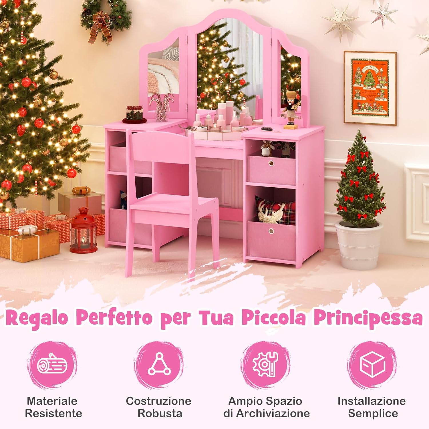 Toeletta Trucco 2 in 1 per Bambina, Specchiera Staccabile per Ragazza in Legno Robusto con 4 Cassetti in Tessuto, Sgabello e Specchio, Postazione Trucco per 3 Anni, 104 x 40 x 117 cm (Rosa)