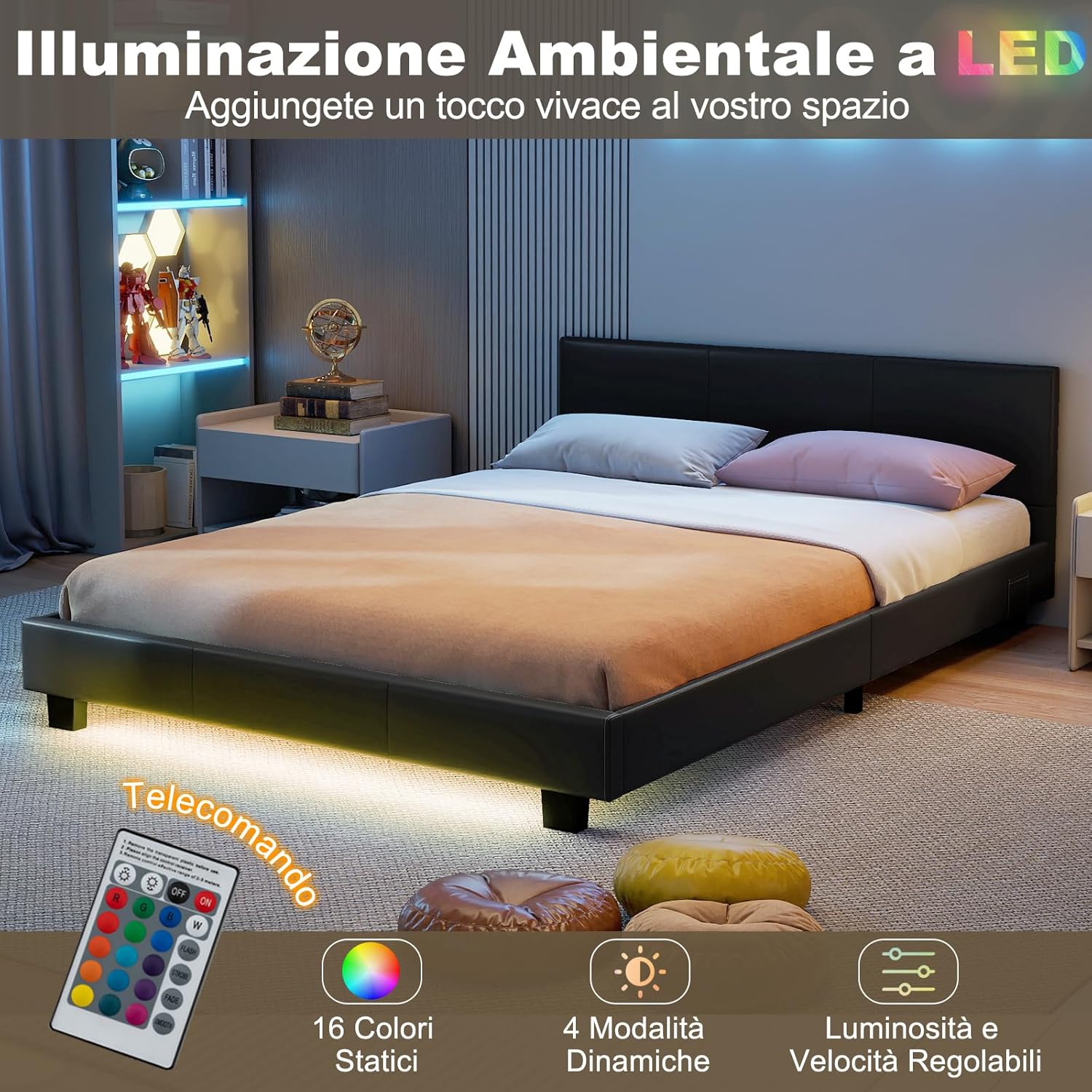 Letto Matrimoniale in Legno, Struttura per Letto Con Testiera Imbottita Luce LED Multicolore e Telecomando, Carico 200 kg, Silenzioso (Nero)
