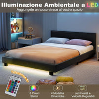 Letto Matrimoniale in Legno, Struttura per Letto Con Testiera Imbottita Luce LED Multicolore e Telecomando, Carico 200 kg, Silenzioso (Nero)