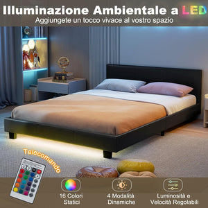 Letto Matrimoniale in Legno, Struttura per Letto Con Testiera Imbottita Luce LED Multicolore e Telecomando, Carico 200 kg, Silenzioso (Nero)
