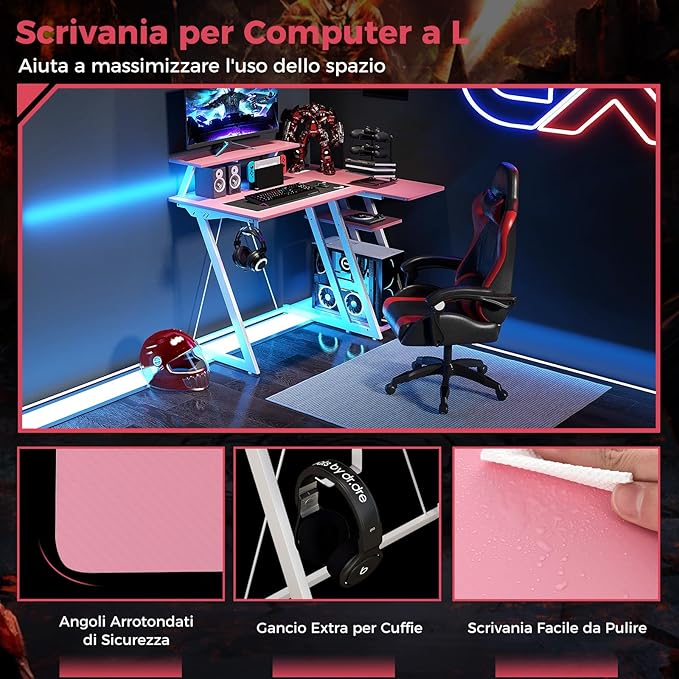Scrivania Angolare Salvaspazio, Scrivania da Gaming con Prese, Porte USB, Ripiano per Monitor, Gancio per Cuffie, Ripiano e Supporto per CPU, Scrivania ad Angolo per Casa e Ufficio (Rosa)