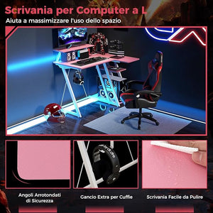 Scrivania Angolare Salvaspazio, Scrivania da Gaming con Prese, Porte USB, Ripiano per Monitor, Gancio per Cuffie, Ripiano e Supporto per CPU, Scrivania ad Angolo per Casa e Ufficio (Rosa)