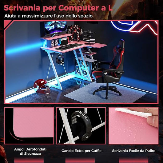 Scrivania Angolare Salvaspazio, Scrivania da Gaming con Prese, Porte USB, Ripiano per Monitor, Gancio per Cuffie, Ripiano e Supporto per CPU, Scrivania ad Angolo per Casa e Ufficio (Rosa)