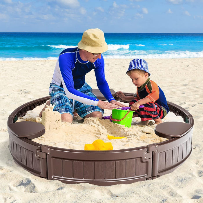 Sabbiera per Bambini con Rotondo Coperchio Impermeabile, Ideale per Giardino, Cortile e Spiaggia,120 x 120 x 21 cm, Marrone