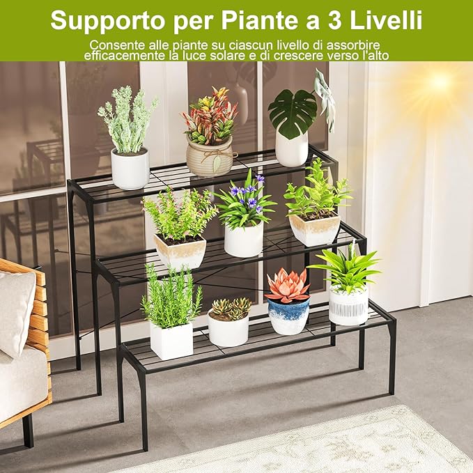 Scaffale Portafiori a 3 Ripiani, Porta Piante da Esterno e Interno a Scala, Scaffale Porta Vasi di Metallo per Balcone, Soggiorno e Giardino
