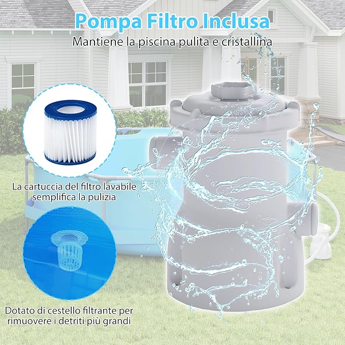 Piscina Fuori Terra 300 x 300 x 76 cm, Piscina Rotonda da Esterno con Struttura Metallica e Pompa Filtro, Capacità 4383 L, da Giardino per Adulti (3 m x 76 cm)