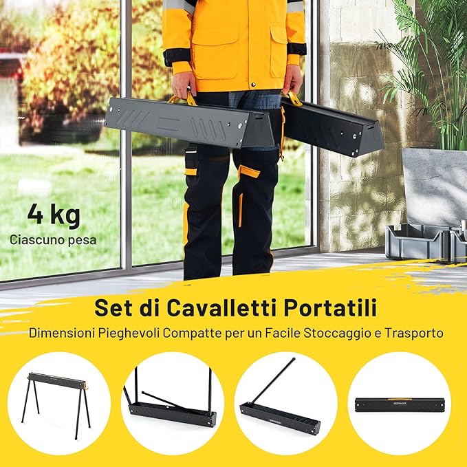Set di 2 Cavalletti da Lavoro, Cavalletti Pieghevoli e Portatili in Metallo Resistente con Bracci di Supporto Rimovibili 2 x 4, Portata 1000 kg, Supporto per Sega per Officina