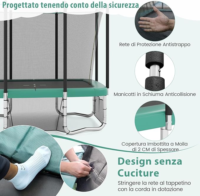 Trampolino da Esterno per Bambini e Adulti 317 x 255 cm, Tappeto Elastico Rettangolare con Canestro da Basket, Porta da Calcio, Scala Antiscivolo, Rete e Telaio in Acciaio, Portata 500 kg