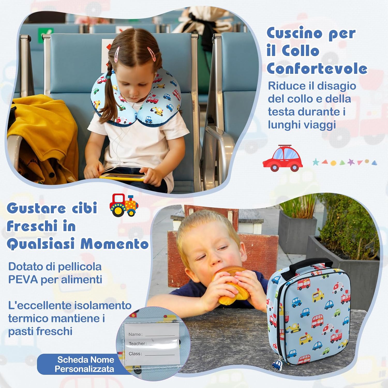 5 Pezzi Valigia per Bambini, Valigia con ManicoTelescopico da 16" con 13" Zainetto, Cuscino per Il Collo, Etichetta per Bagaglio, Borsa per Il Pranzo, con Ruote Girevoli a 360 ° (Modello 3)
